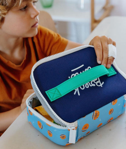 Saco de lanche infantil azul e laranja com padrão de balões Hello Hossy