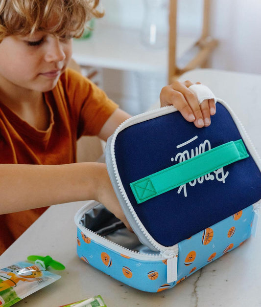 Saco de lanche infantil azul e laranja com padrão desporto, pega verde Hello Hossy