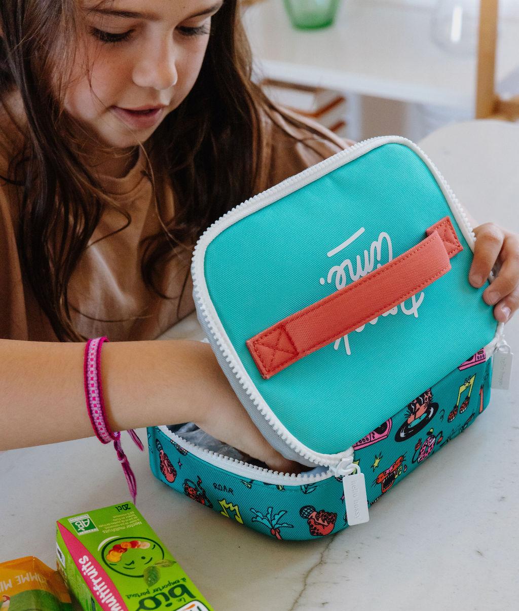 Saco de lanche infantil verde e coral com padrões de animais, pega Hello Hossy