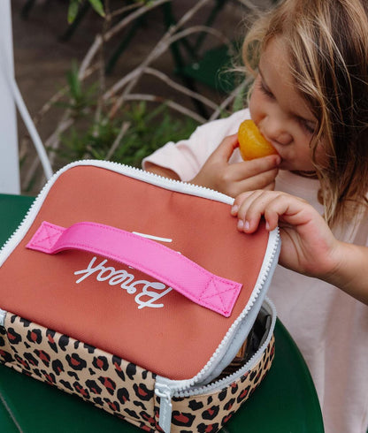 Saco de lanche infantil creme com padrão leopard, pega rosa Hello Hossy