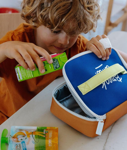 Saco de lanche infantil azul, pega amarela, isotérmico Hello Hossy