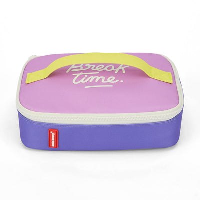 Saco de lanche infantil violeta e rosa com texto Break Time Hello Hossy