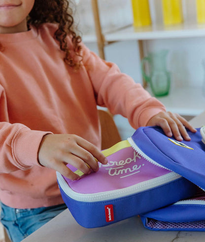 Saco de lanche infantil violeta com detalhe branco e fecho de correr Hello Hossy