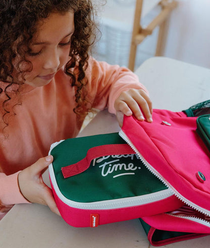 Saco de lanche infantil framboise e verde, inscrição Hello Hossy