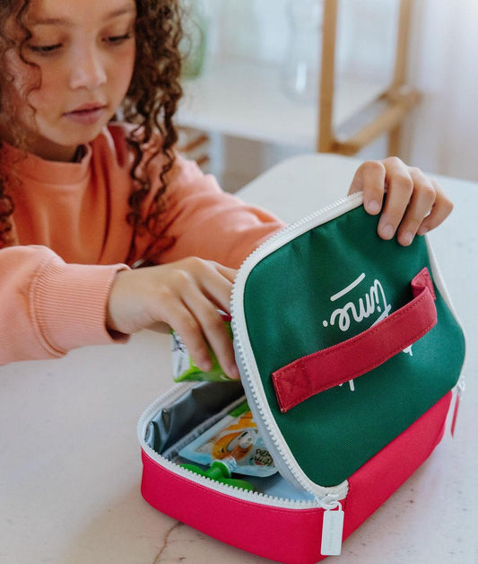 Saco de lanche infantil framboise verde com pega contrastante Hello Hossy