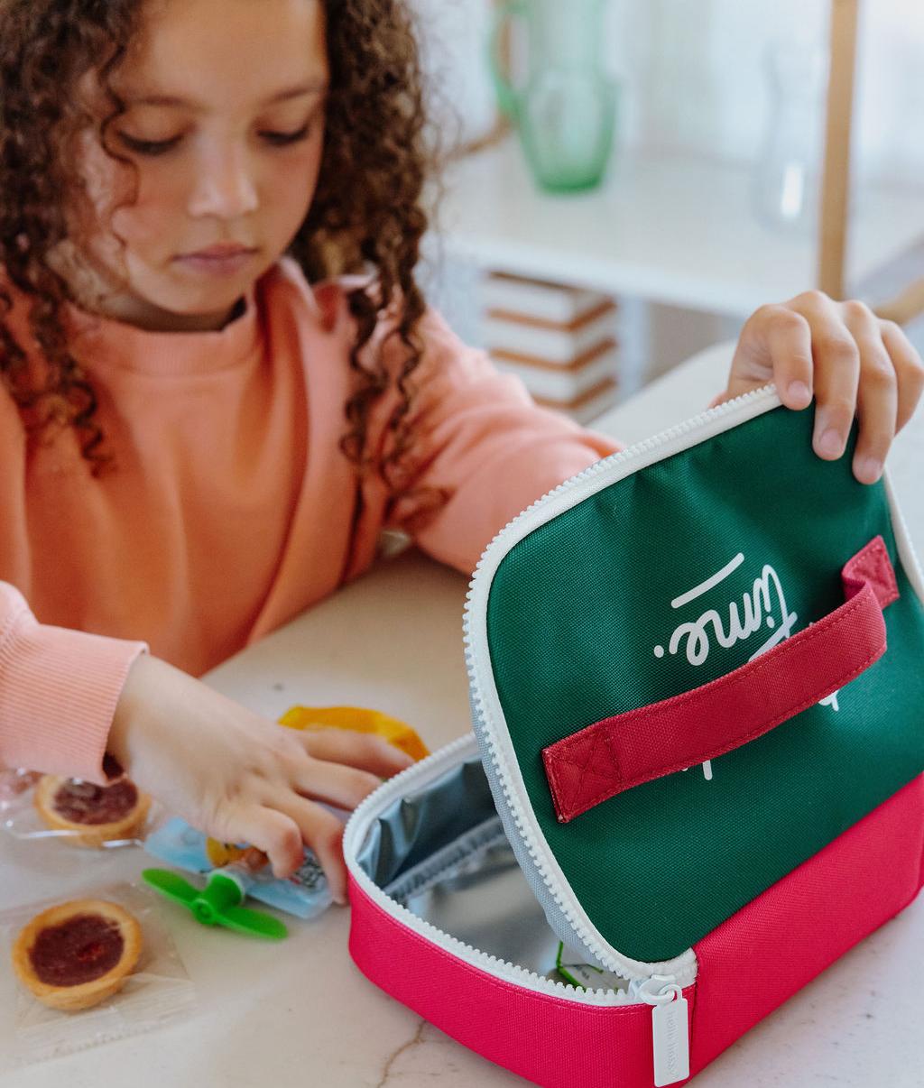 Saco de lanche de criança framboise e verde, detalhe estampado e fecho Hello Hossy