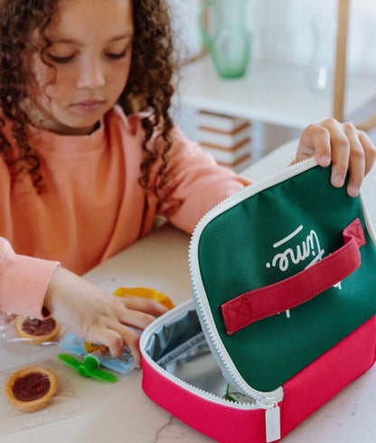 Saco de lanche de criança framboise e verde, detalhe estampado e fecho Hello Hossy