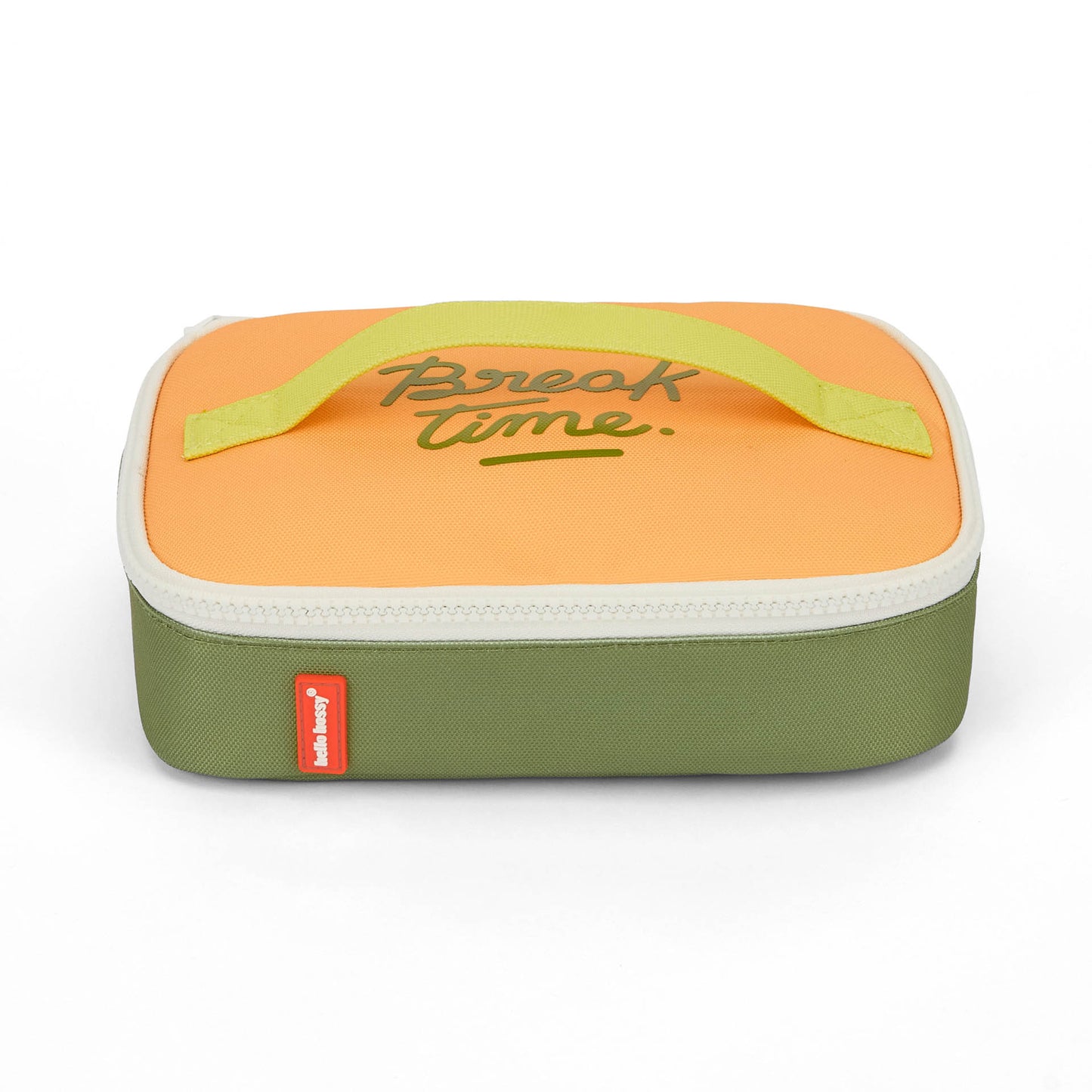 Saco de lanche para criança verde e laranja com pega e inscrição Break Time Hello Hossy
