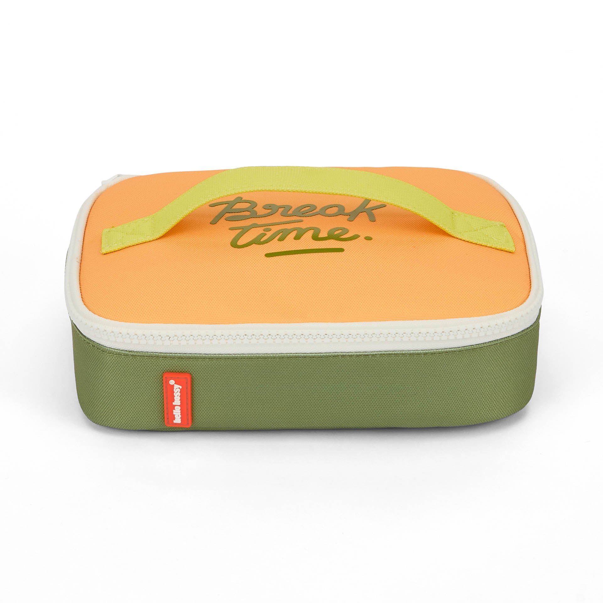 Saco de lanche para criança verde e laranja com pega e inscrição Break Time Hello Hossy