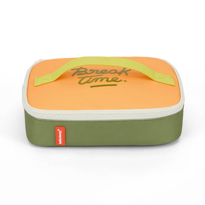 Saco de lanche para criança verde e laranja com pega e inscrição Break Time Hello Hossy