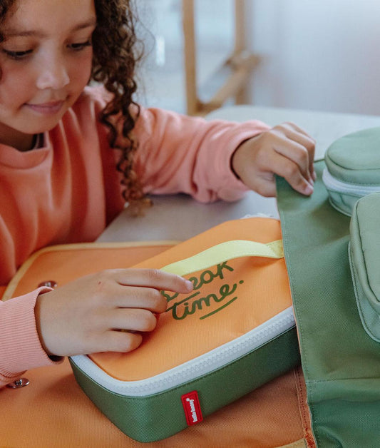 Saco de lanche infantil verde e laranja com texto Break Time Hello Hossy