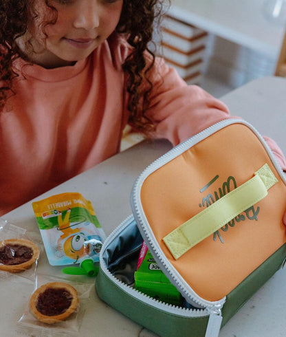 Saco de lanche infantil verde e laranja com fecho de correr Hello Hossy