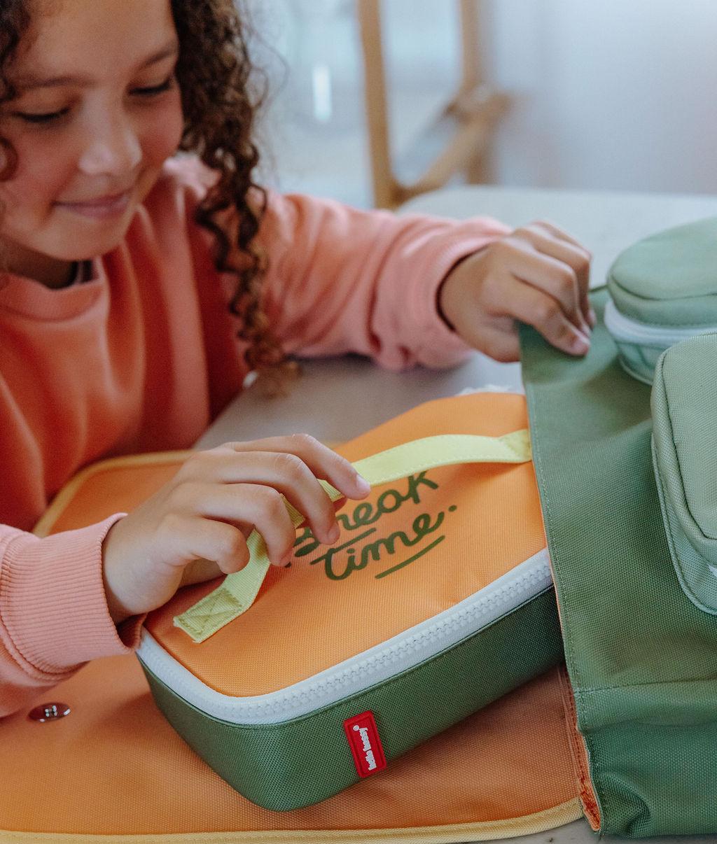 Saco de lanche infantil verde e laranja com inscrição Break Time Hello Hossy