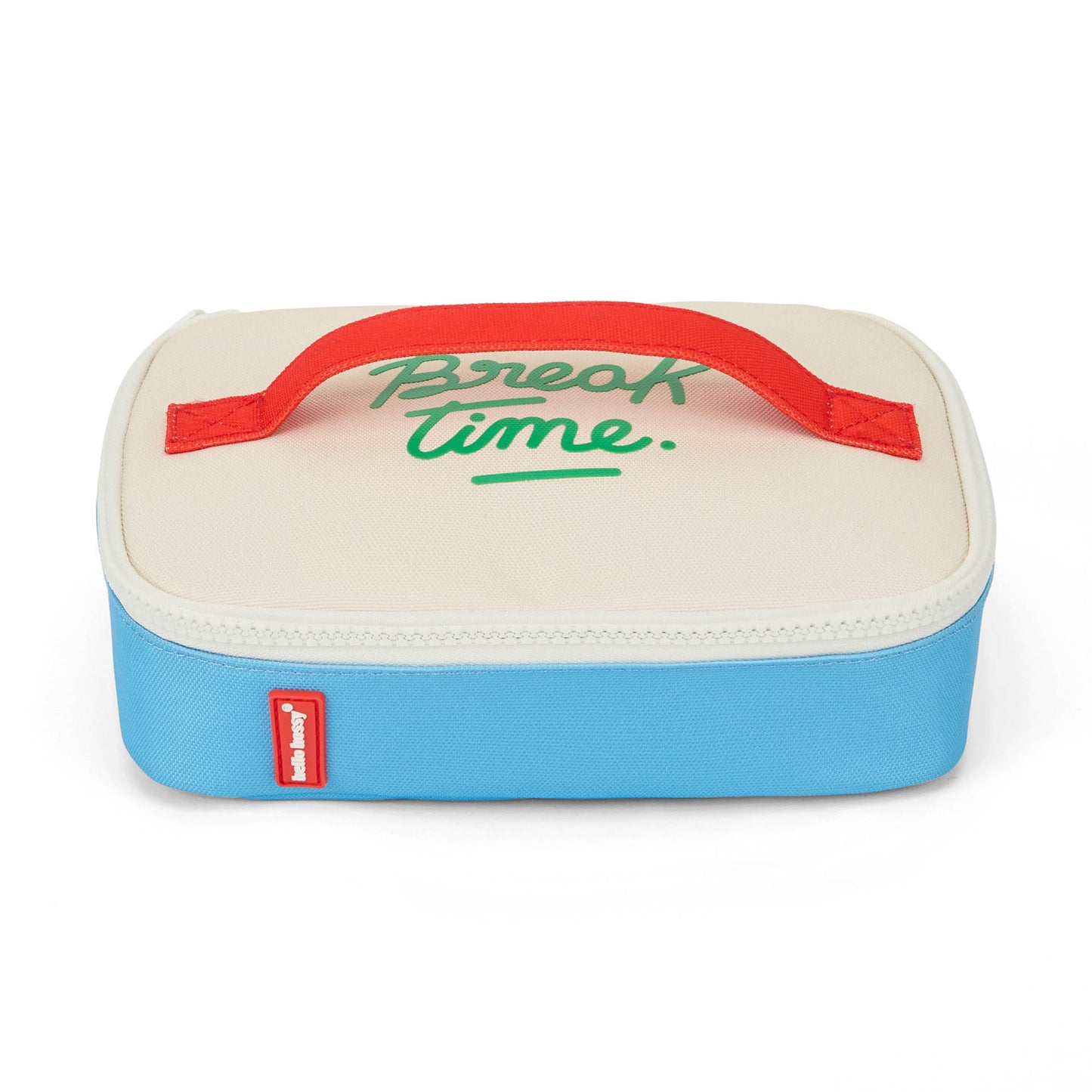 Saco de lanche infantil azul com detalhe vermelho e inscrição verde Hello Hossy