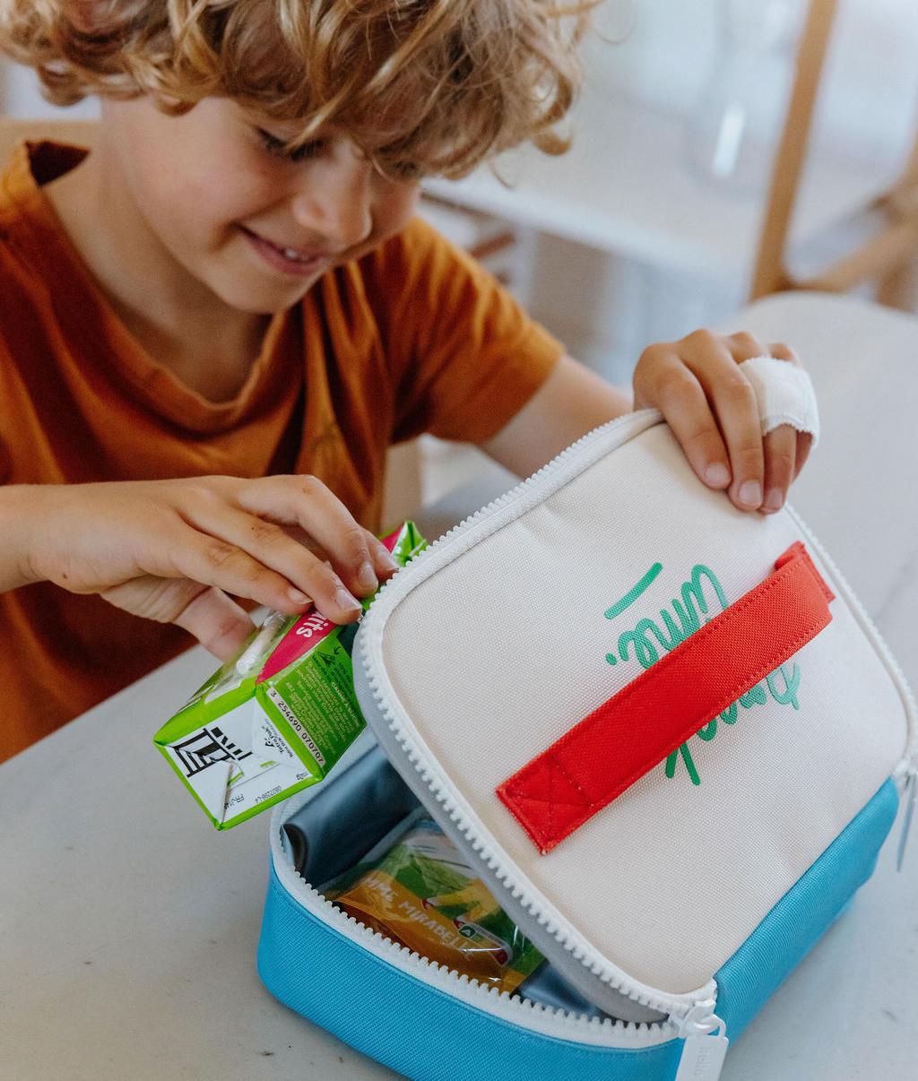 Saco de lanche infantil azul e branco com pega vermelha Hello Hossy