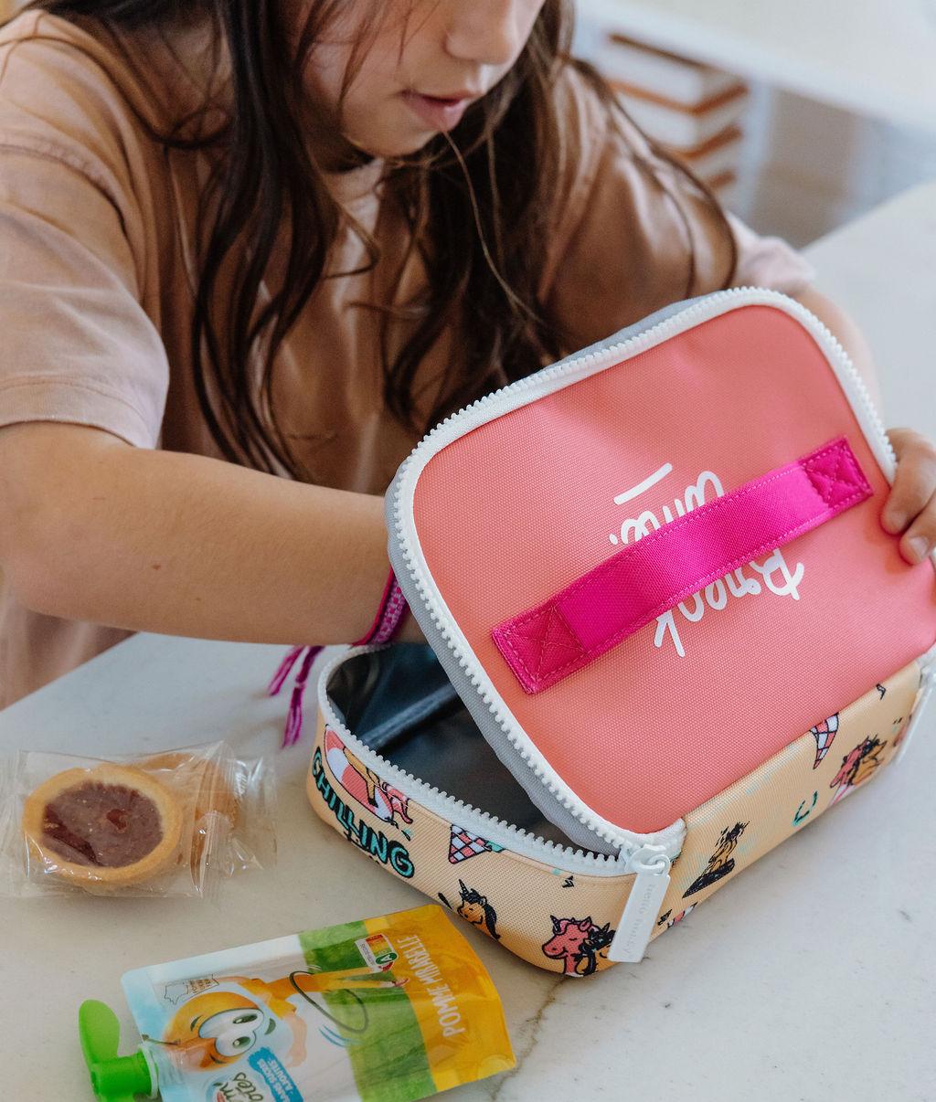Saco de lanche infantil amarelo e rosa com padrão de unicórnio Hello Hossy