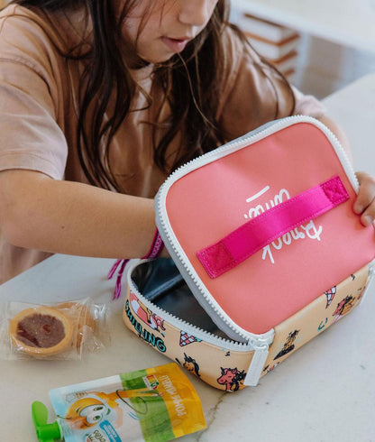 Saco de lanche infantil amarelo e rosa com padrão de unicórnio Hello Hossy
