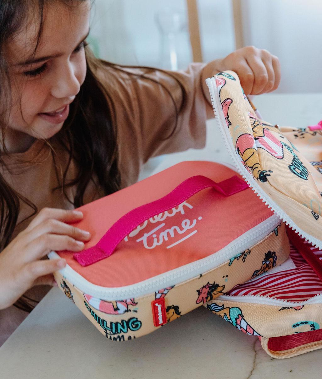 Saco de lanche infantil amarelo e rosa com padrão de unicórnio e pega rosa Hello Hossy
