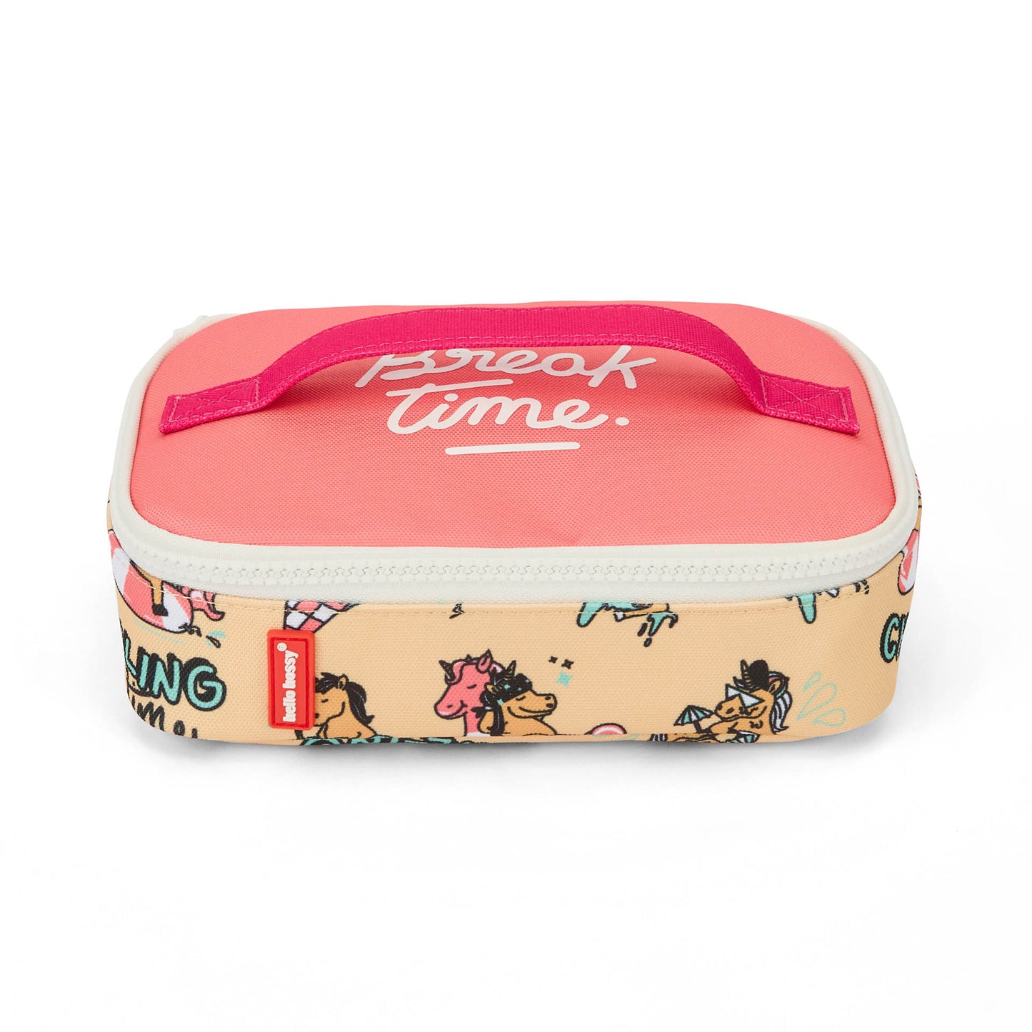 Saco de lanche infantil amarelo e rosa com motivo de unicórnio e texto break time Hello Hossy