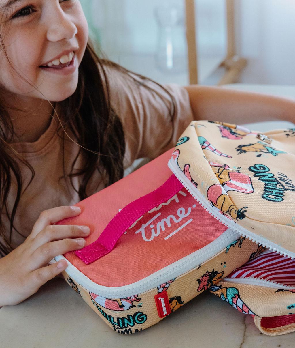 Saco de lanche infantil amarelo e rosa com padrão de unicórnio Hello Hossy