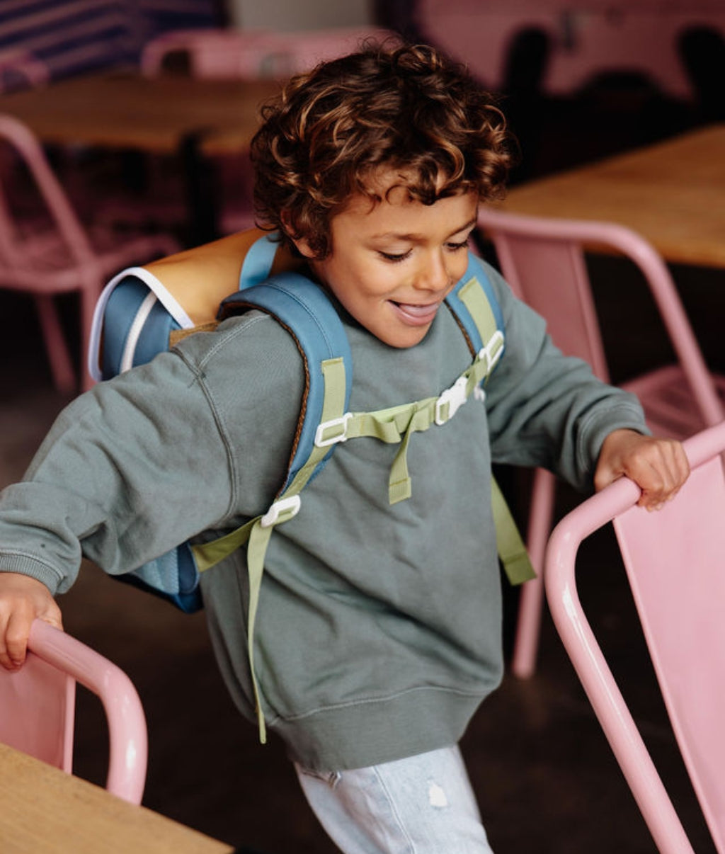 Mochila infantil azul, alças bege Hello Hossy
