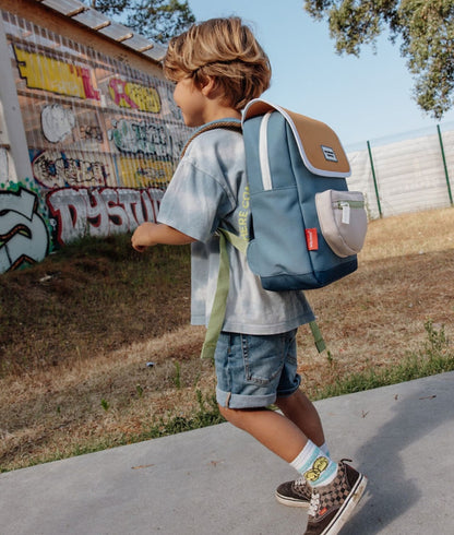 Mochila infantil azul, aba Camel, bolso frontal bege Hello Hossy