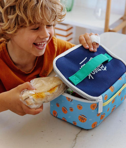 Saco de almoço infantil azul e laranja com padrão de desporto, Hello Hossy
