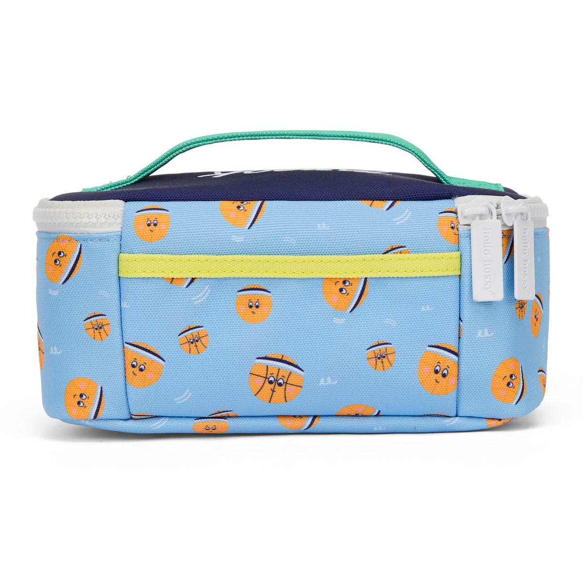Saco de almoço infantil azul com motivo de basquetebol e pega verde Hello Hossy