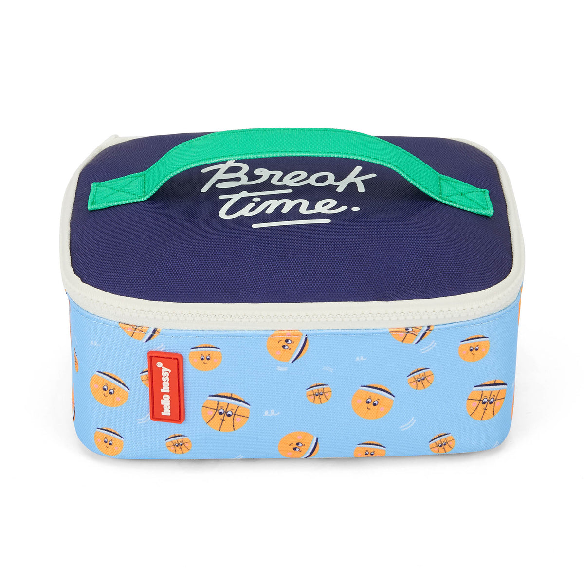 Saco de almoço infantil azul estampado com bolas de basquetebol, detalhe de texto Hello Hossy