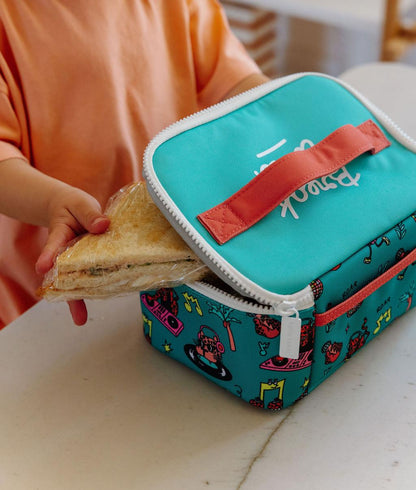 Saco de almoço infantil verde coral com padrão de animais Hello Hossy