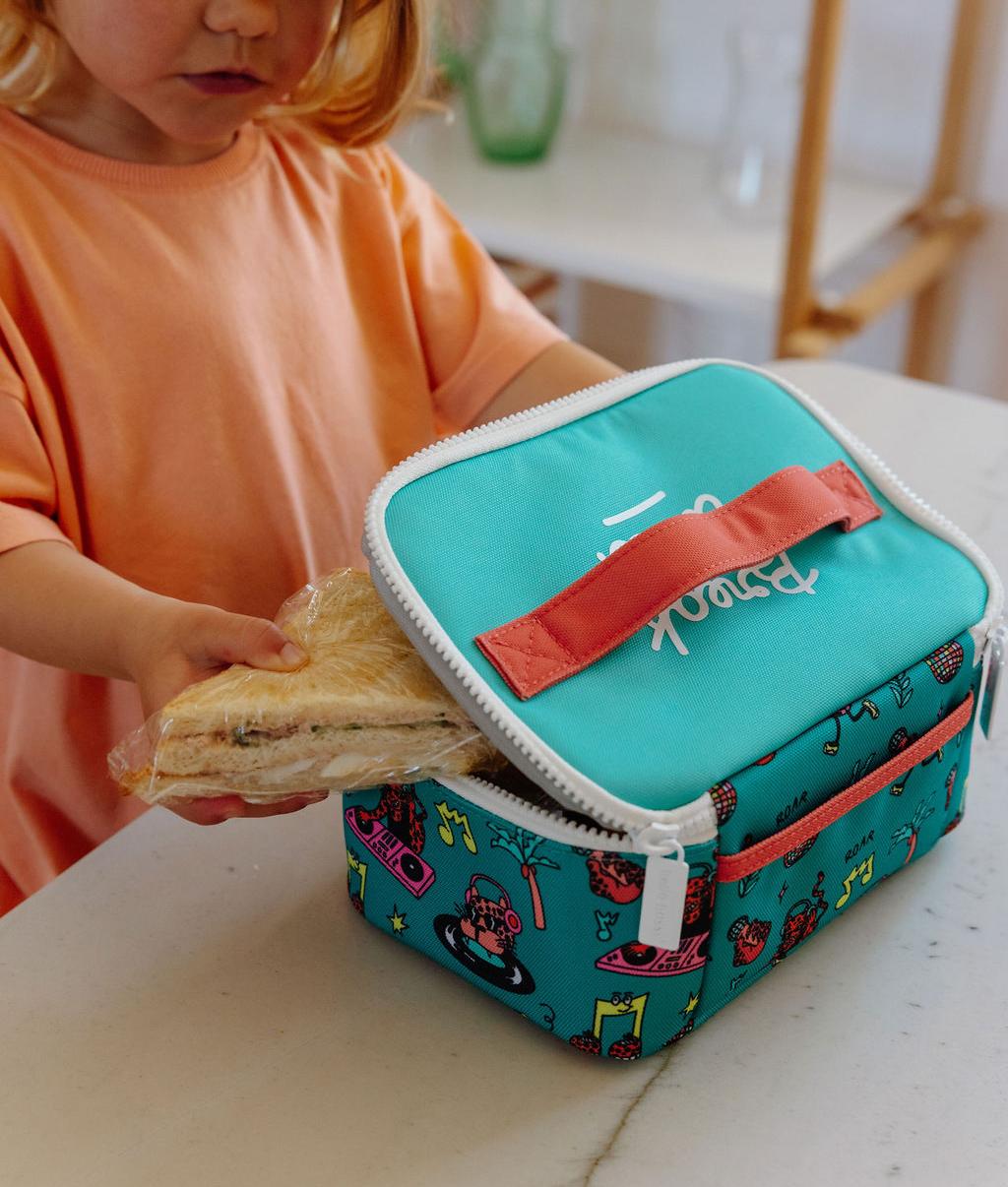 Saco de almoço infantil verde coral com padrão de animais Hello Hossy