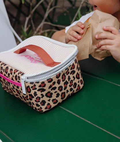Saco de almoço infantil creme e castanho com estampado leopard, pega Hello Hossy
