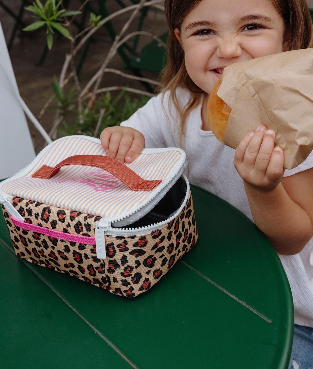 Saco de almoço infantil creme com padrão leopard, pega castanha Hello Hossy