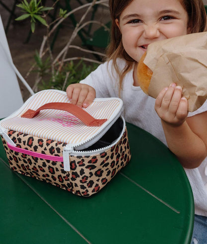 Saco de almoço infantil creme com padrão leopard, pega castanha Hello Hossy