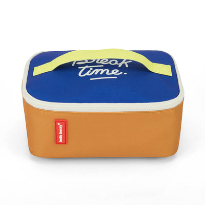 Saco de almoço infantil azul e bege com pegas amarelas e texto bordado Hello Hossy