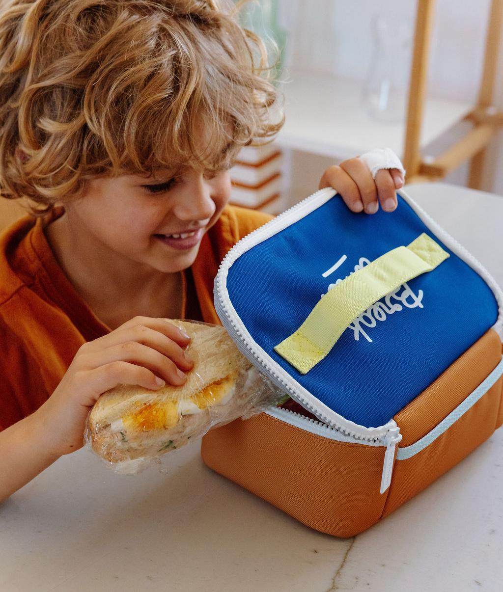 Saco de almoço infantil azul com pega amarela em forma de cubo Hello Hossy