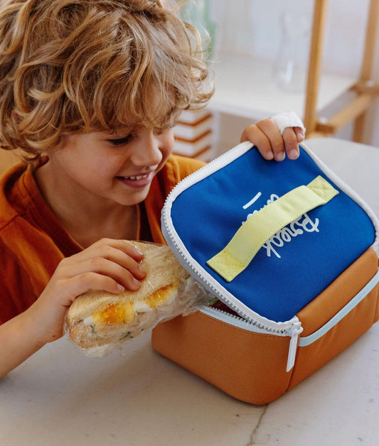 Saco de almoço infantil azul com pega amarela em forma de cubo Hello Hossy