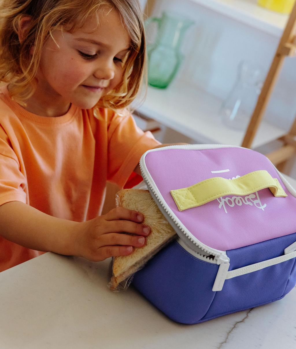 Saco de almoço infantil violeta e amarelo, detalhe branco, Hello Hossy