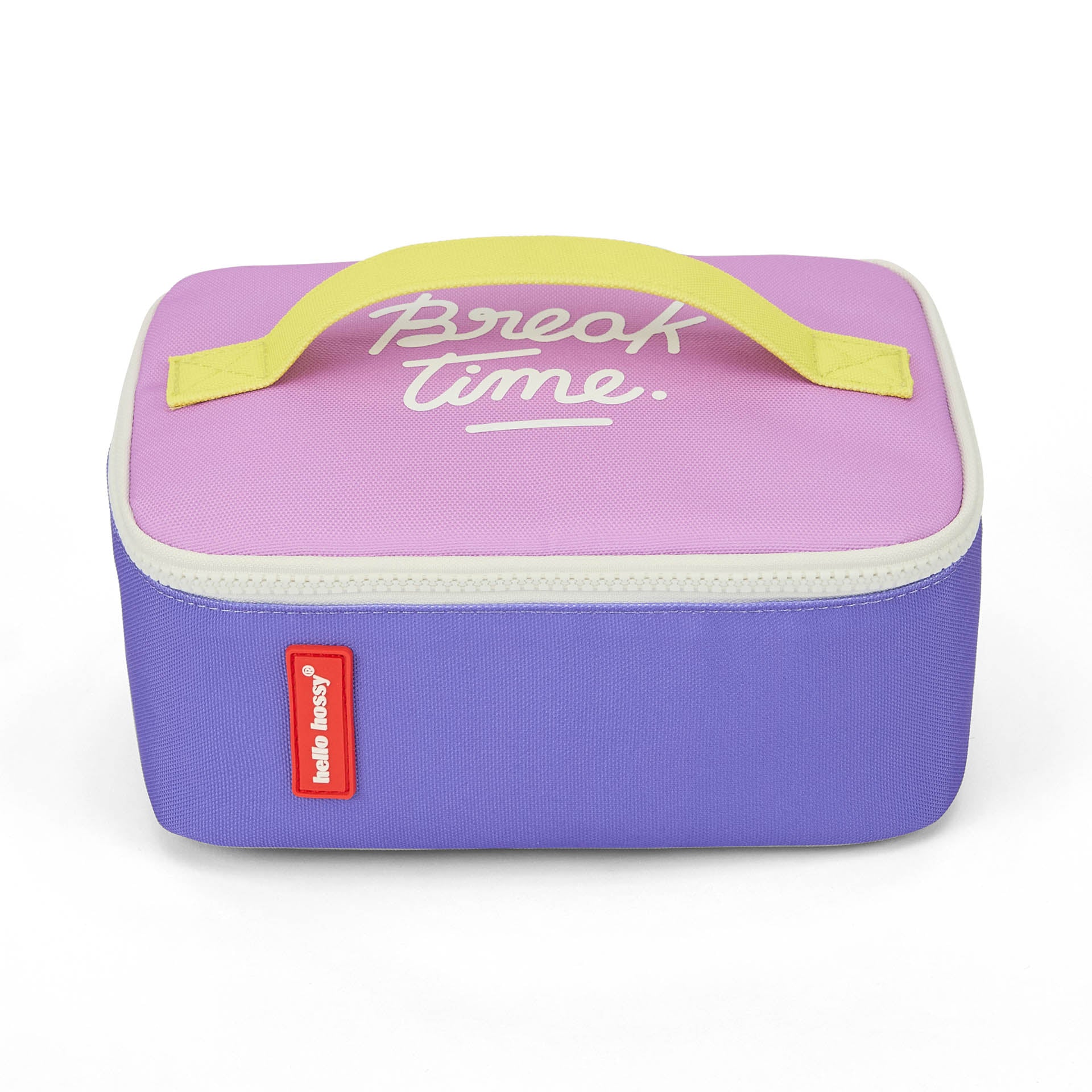 Saco de almoço infantil violeta e rosa, pega amarela, texto branco Hello Hossy