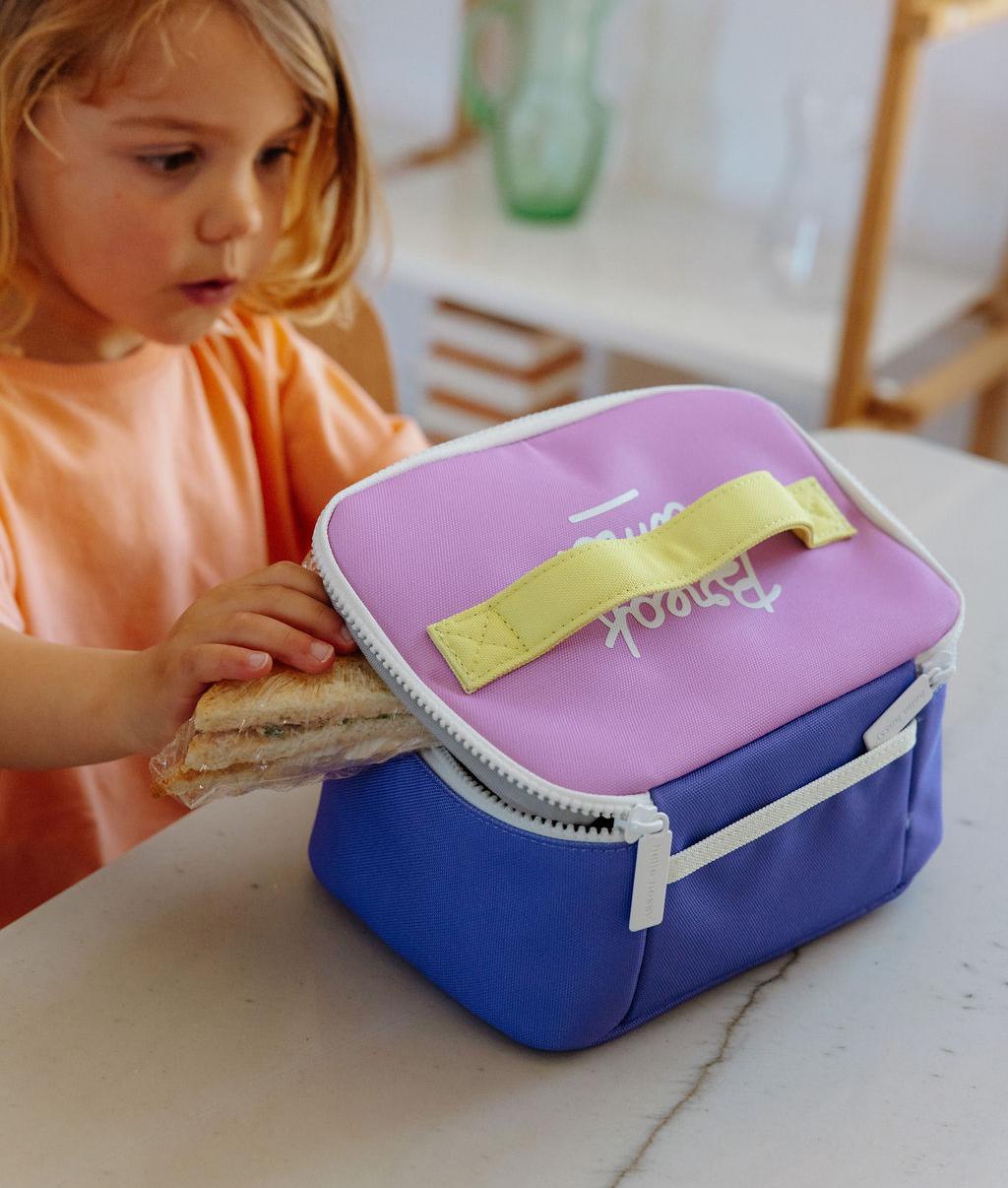 Saco de almoço infantil violeta com detalhe amarelo, formato quadrado Hello Hossy
