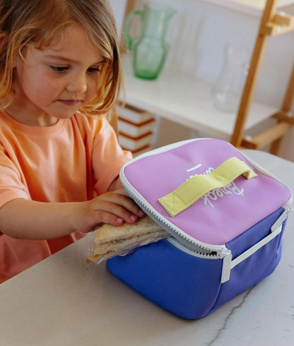 Saco de almoço infantil violeta com pega amarela Hello Hossy