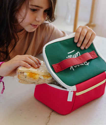 Saco de almoço infantil framboise, interior verde e pegas vermelhas Hello Hossy