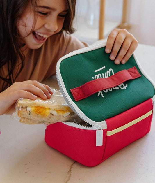 Saco de almoço infantil framboise e verde com pega contrastante Hello Hossy