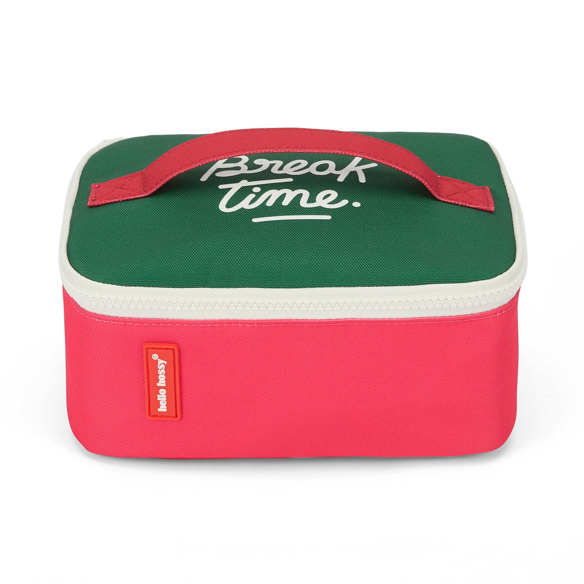 Saco de almoço infantil cor framboise e verde, mensagem branca Hello Hossy