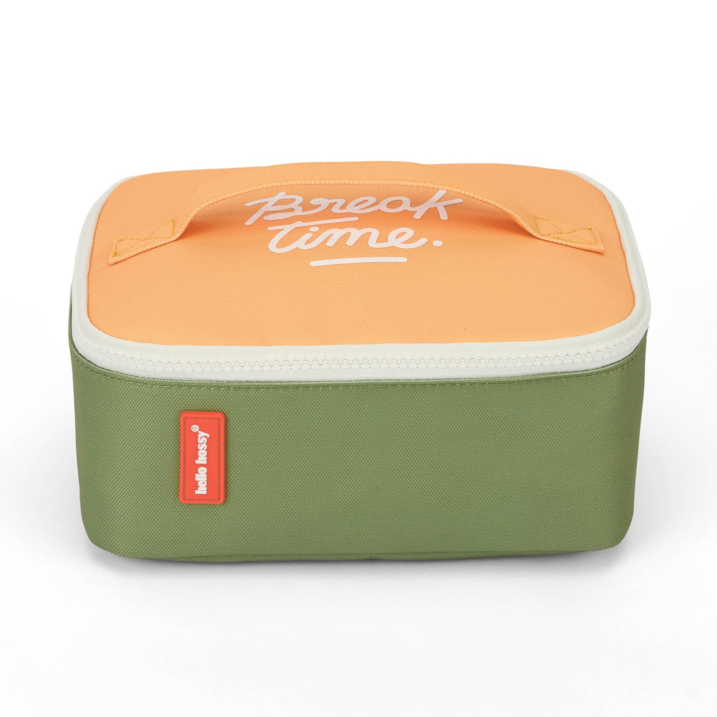 Saco de almoço infantil verde com tampa laranja e inscrição Hello Hossy
