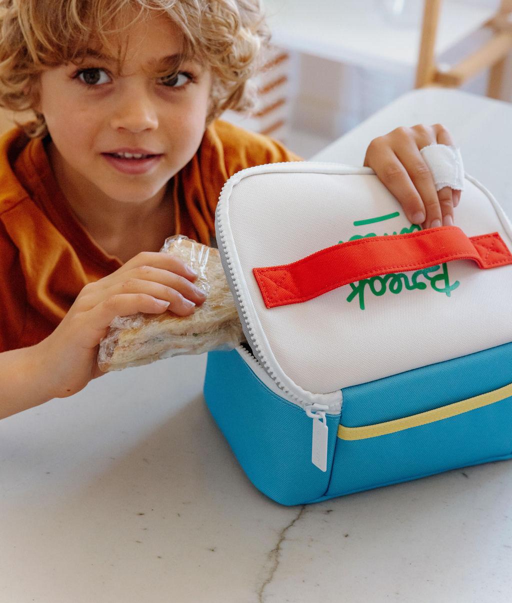 Saco de almoço infantil azul com motivo de texto vermelho Hello Hossy
