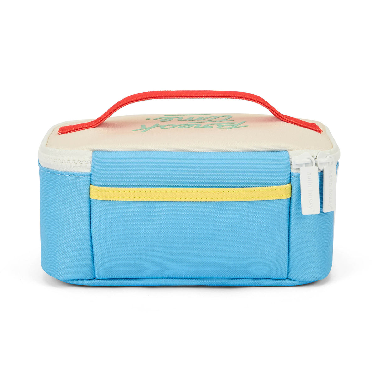 Saco de almoço infantil azul com bolso amarelo e pega vermelha Hello Hossy