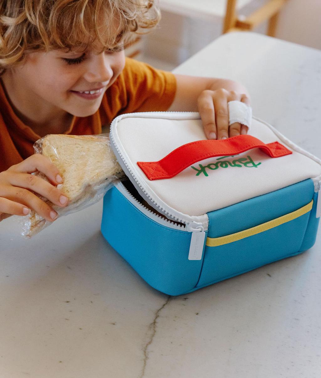 Saco de almoço infantil azul com pega vermelha e detalhe amarelo Hello Hossy