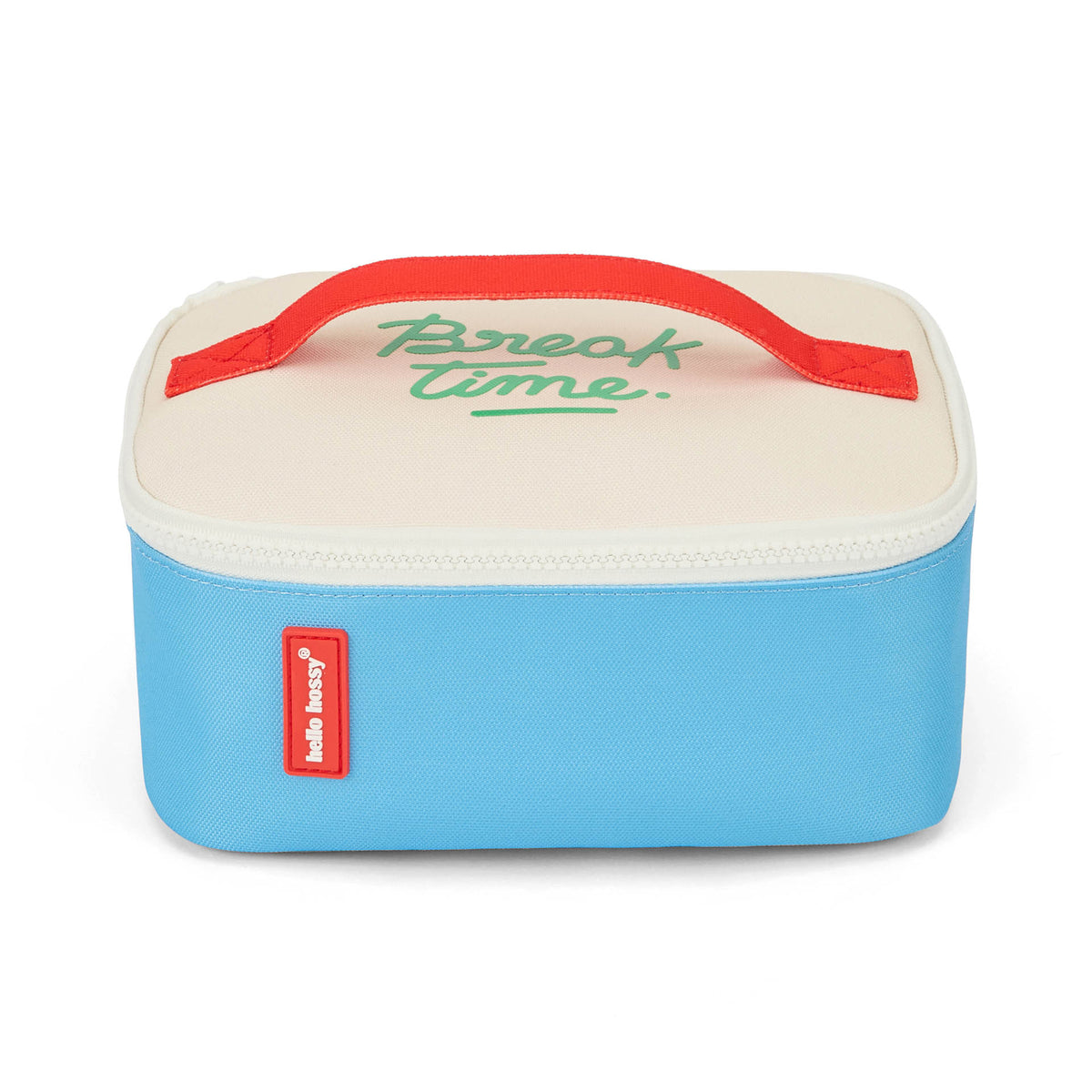 Saco de almoço infantil azul com detalhe vermelho e texto verde Hello Hossy