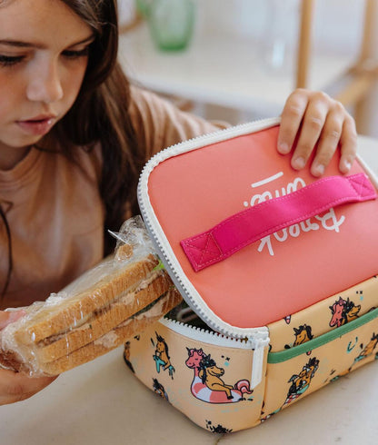 Saco de almoço infantil amarelo com motivo de unicórnio e pega rosa Hello Hossy